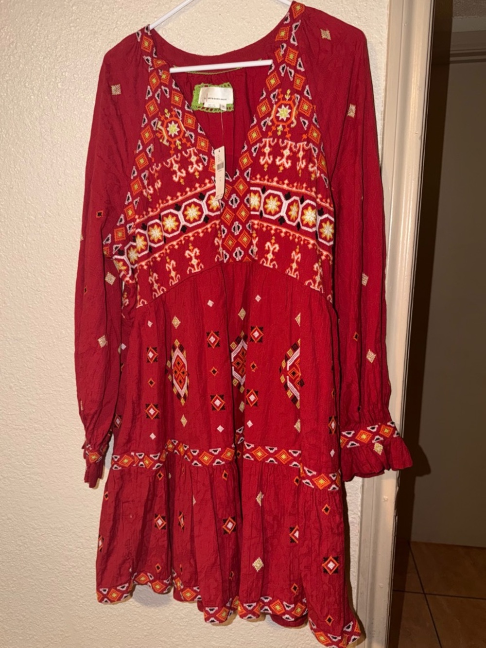 Anthropologie Red Embroidered Boho Dress with Multi-Color Accents